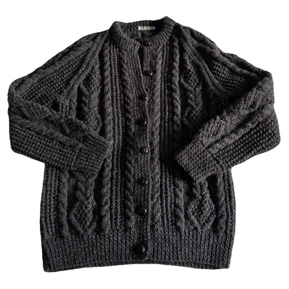 Arans By Ethna Sweaters - VTG Arans by Ethna Irish Merino Wool Cable Knit Fisherman Chunky Cardigan Gray M